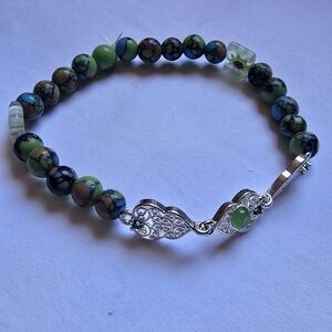 Elegant Green Turquoise and Silver Beaded Bracelet